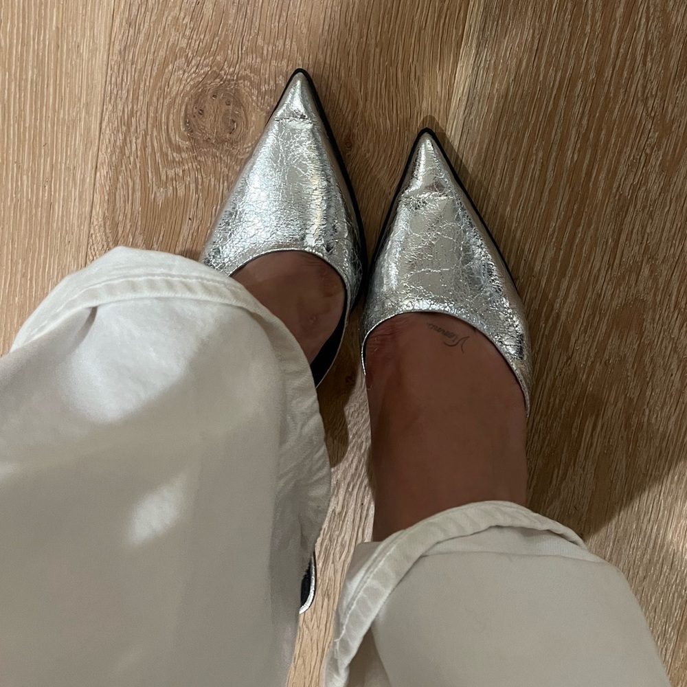 Zara Metallic Silver Pointed-Toe Women’s Kitten Heels - Picture 2 of 5